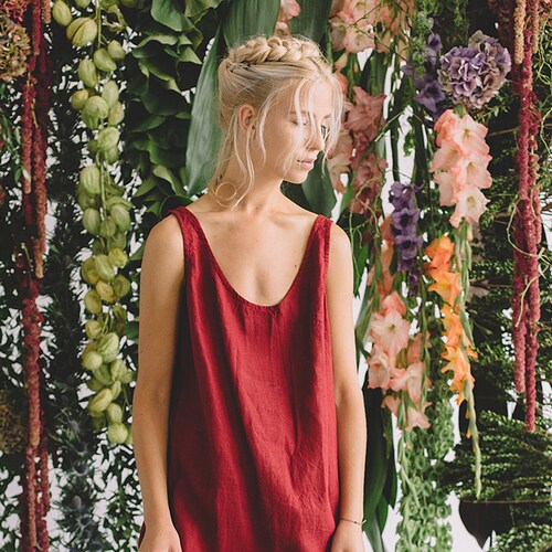 Monstera Burgundy Red Dress Linen Dress 