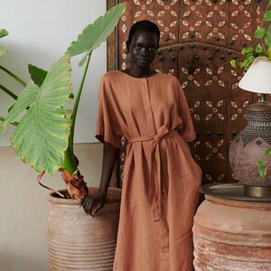 Athiec mocha mousse oversized linen dress - Snap button linen dress - Summer linen dress - Linen tunic dress - Maxi linen dress -