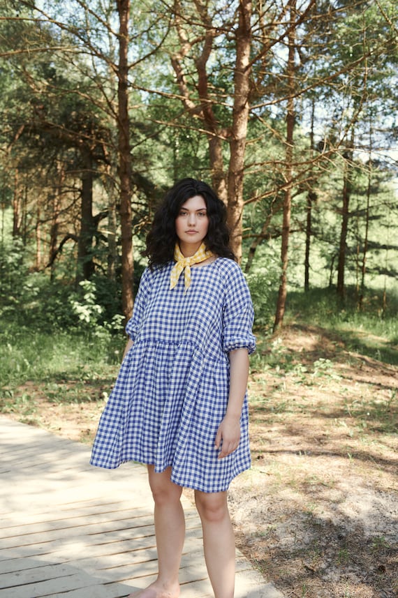 Blue gingham summer dress clearance