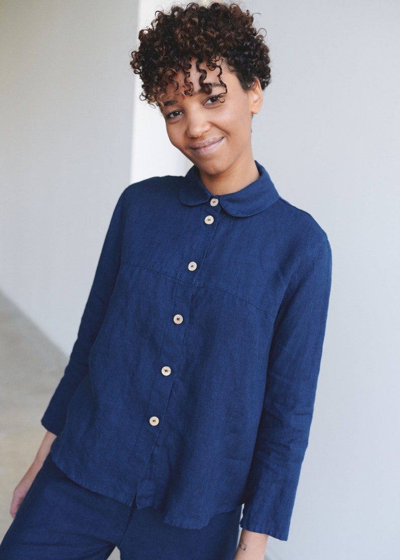 Brandi navy blue shirt Washed linen shirt Linen shirt Round collar shirt Basic linen shirt image 6