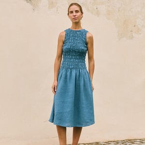 May include: A sleeveless, blue dress with a textured bodice and a flowing skirt. The dress is knee-length and worn with black slip-on shoes. The background is a neutral-toned wall and green grass.