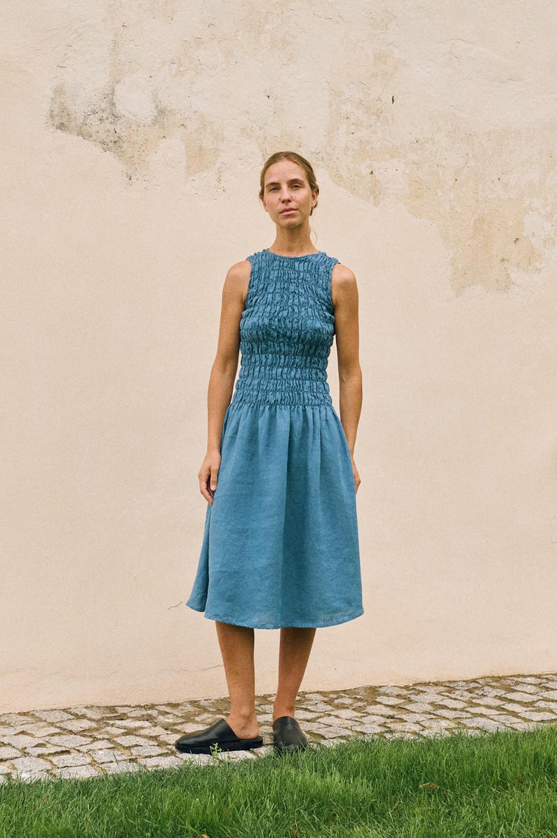 May include: A sleeveless, blue dress with a textured bodice and a flowing skirt. The dress is knee-length and worn with black slip-on shoes. The background is a neutral-toned wall and green grass.