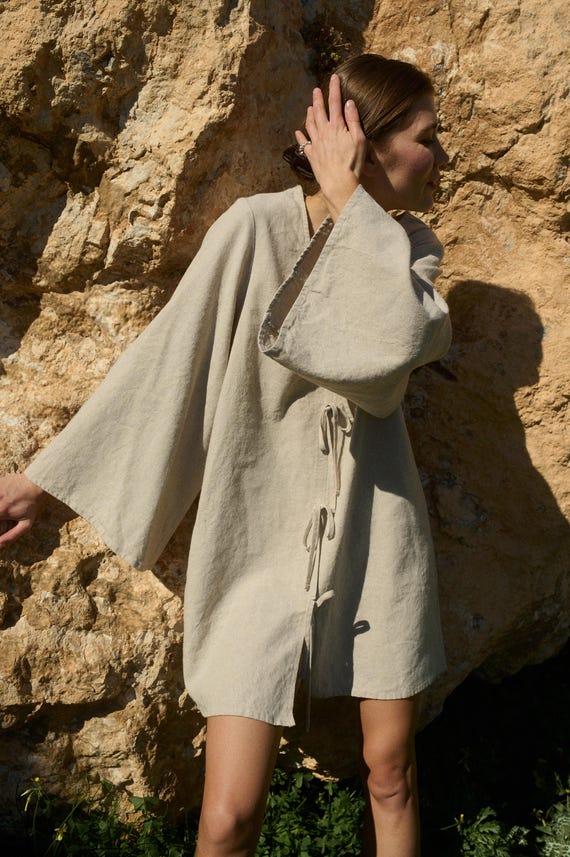a line tunic dress Ready To Ship - Luise natural cotton - V-neck linen dress - Tie-bow string dress - A-line dress department::Dresses Women's A Line Dresses COLOR:As Photo(Pink) 40 Waist