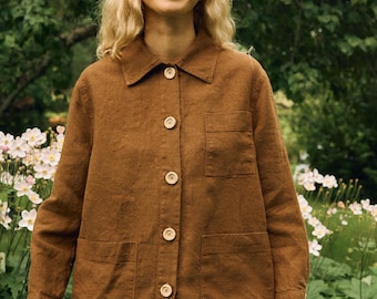 Ready To Ship - Bill brown linen wool jacket - Utility jacket - Work jacket - Linen wool jacket - Linen coat -Wool jacket - Woman's jacket