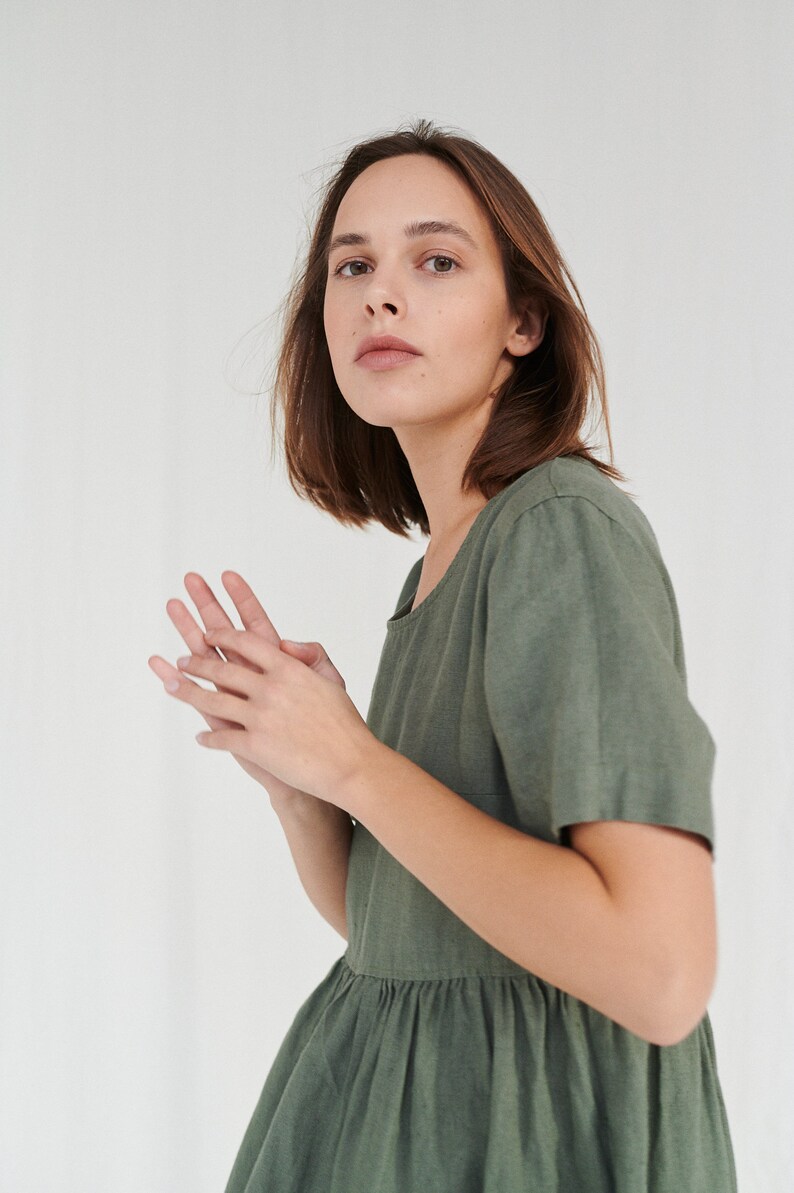 Anna Pine Green Dress Simple Linen Dress Anna Dress Etsy