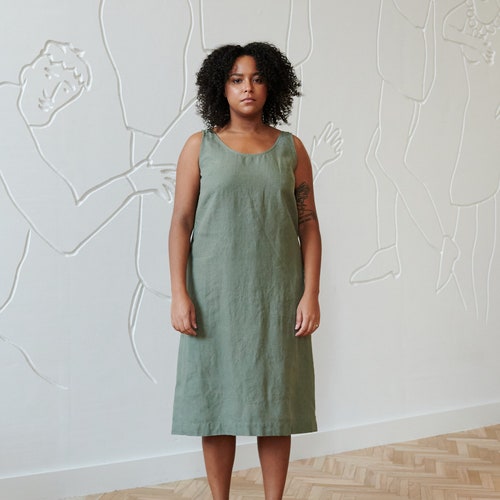 Monstera Pine Green Dress Linen Dress Summer Dress - Etsy
