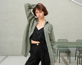 Vika pine green shirt - Washed linen shirt - Linen shirt - Drop shoulder shirt - Oversized linen shirt