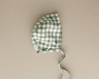 First baby gingham linen bonnet