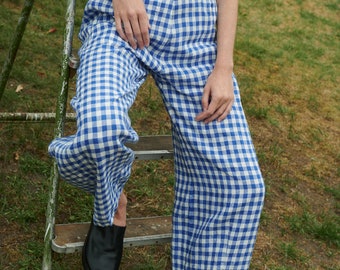 Frankie blue gingham linen trousers - Linen pants - Linen Trousers - Gingham Linen Trousers