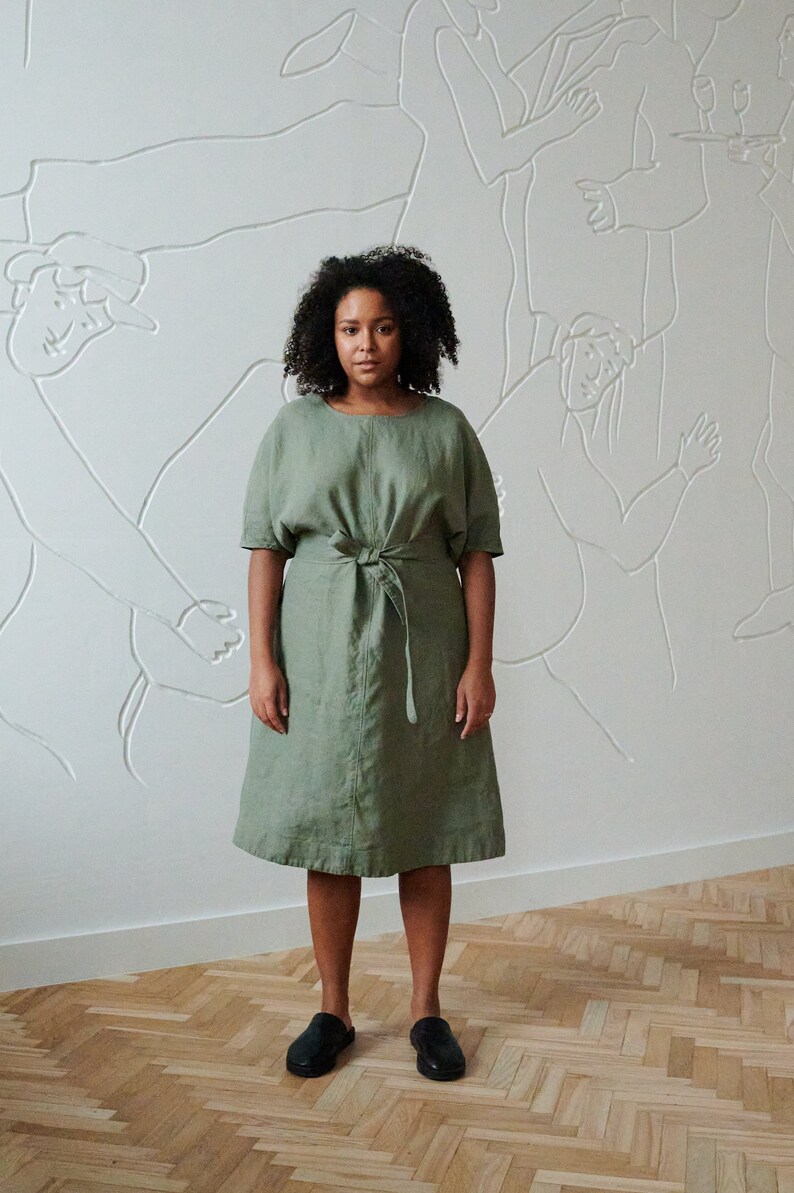 Rush pine green dress Cocoon linen dress Loose linen dress Oversized linen dress Summer dress Linen dress image 1