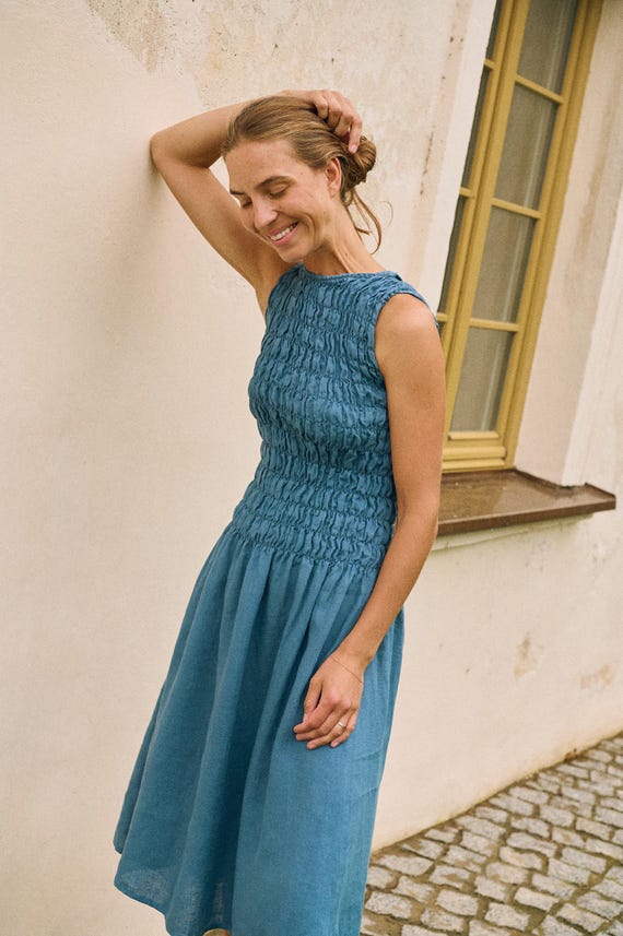 Emilija stellar blue linen dress - Sleeveless dress - Linen dress - Smocked bodice dress - Summer dress - Midi dress - Flared dress