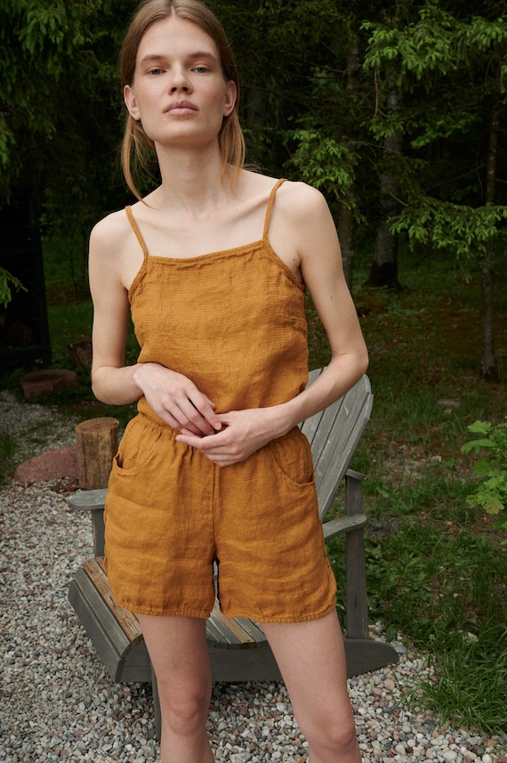 camel waffle Pantalones cortos lino Etsy España