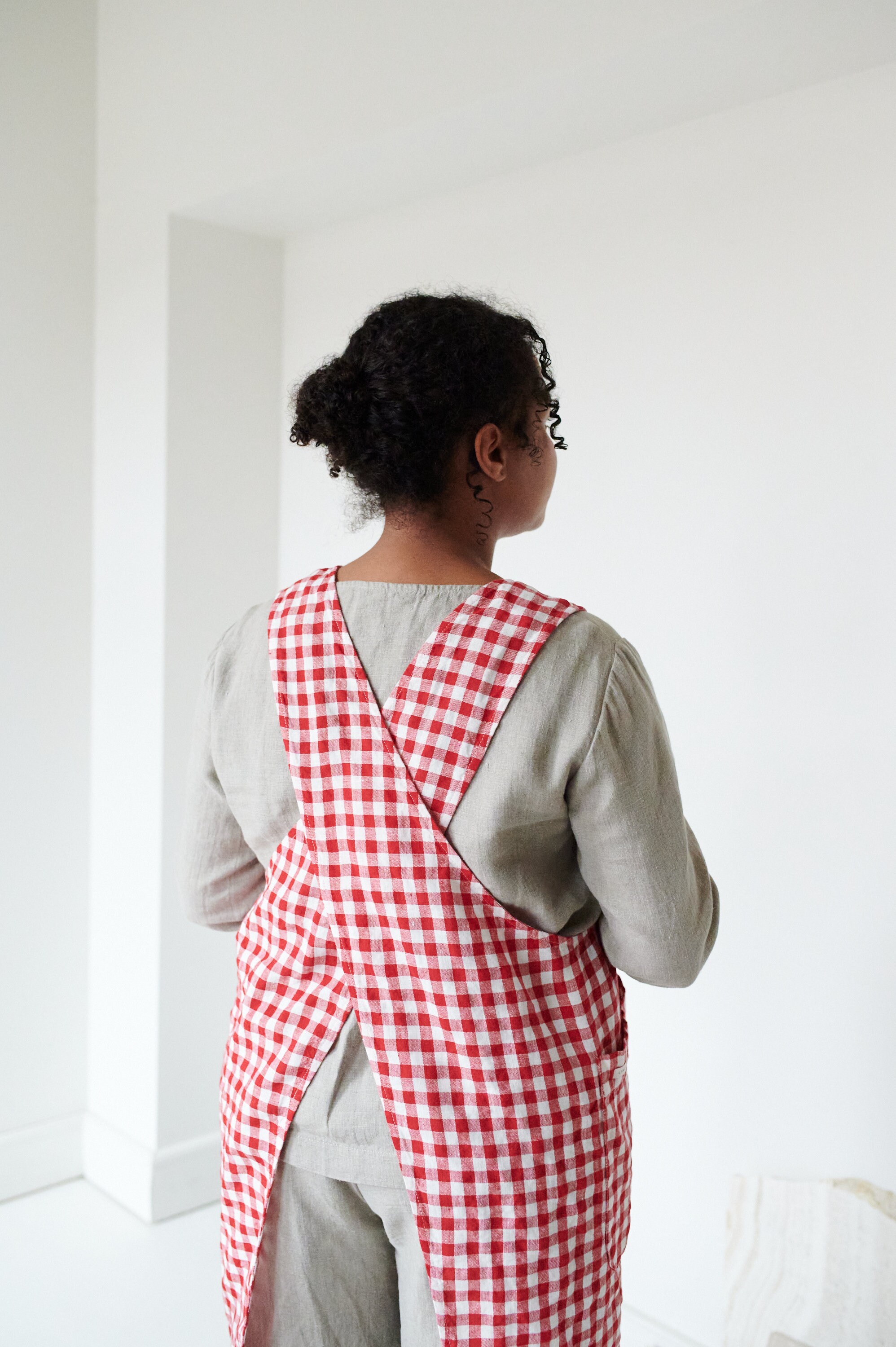 Rita Red Gingham Apron - Pinafore Apron - Gingham Linen Apron