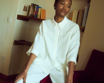 Oversized Milky White Linen Shirt - Beka - 3/4 Sleeves - Woman's Shirt - Loose Linen Shirt - White Linen Shirt - Short-sleeved Linen Shirt