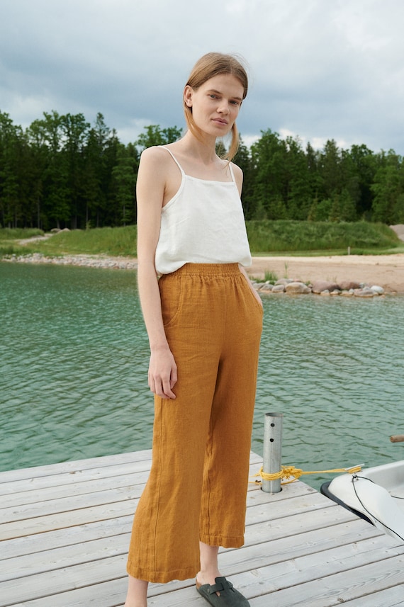 Ocean Camel Waffle Trousers Washed Linen Trousers Linen Pants Wide