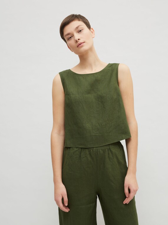 Natural linen top Green sleeveless top Strap linen top Simple minimal top Linen v-neck tank top