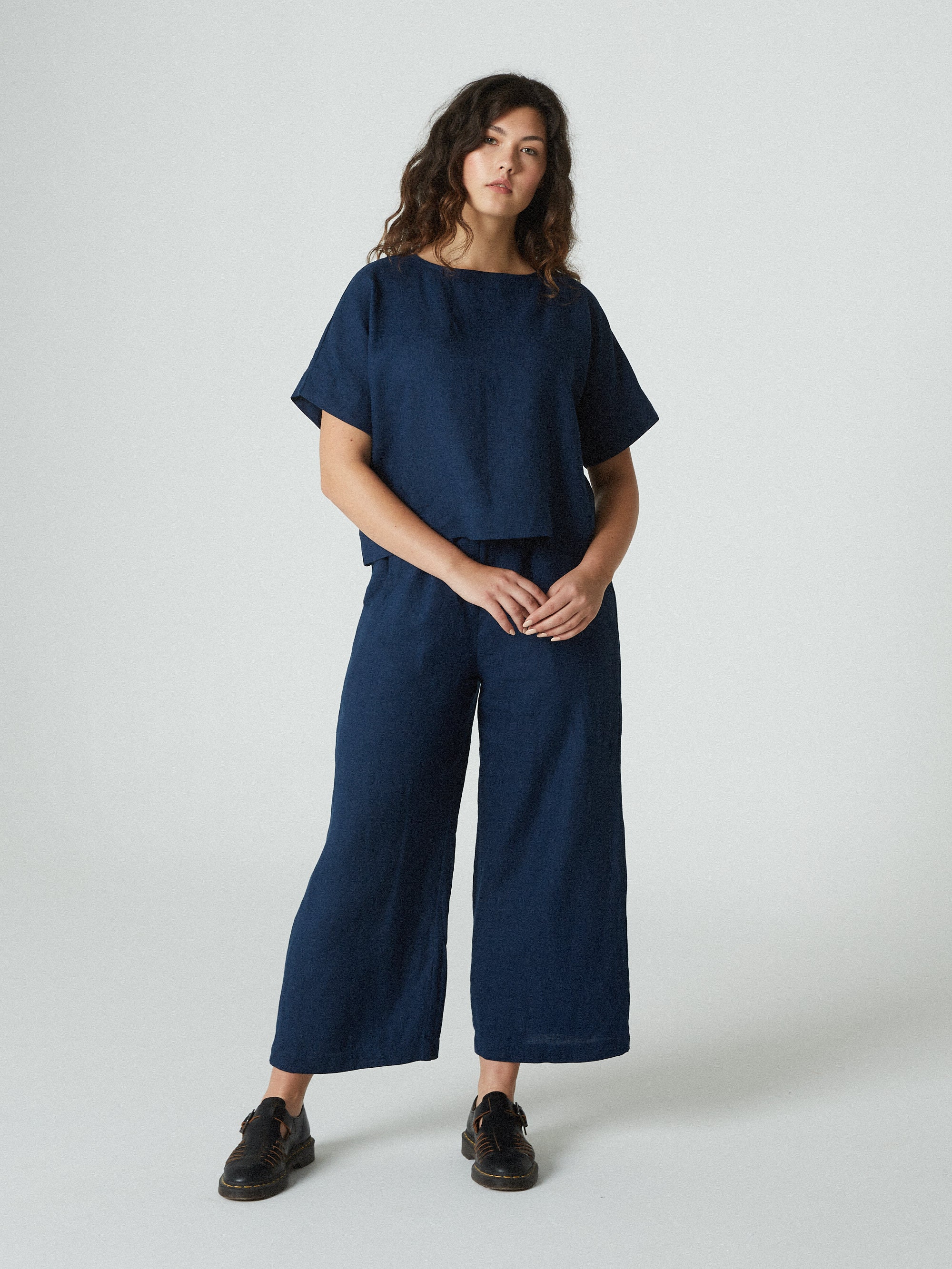Gal Meets Glam Navy Wide Leg Cropped Pants and Castaner Wedges shopthelook  SpringStyle  Simple spring outfits Wide leg cropped pants Fashion