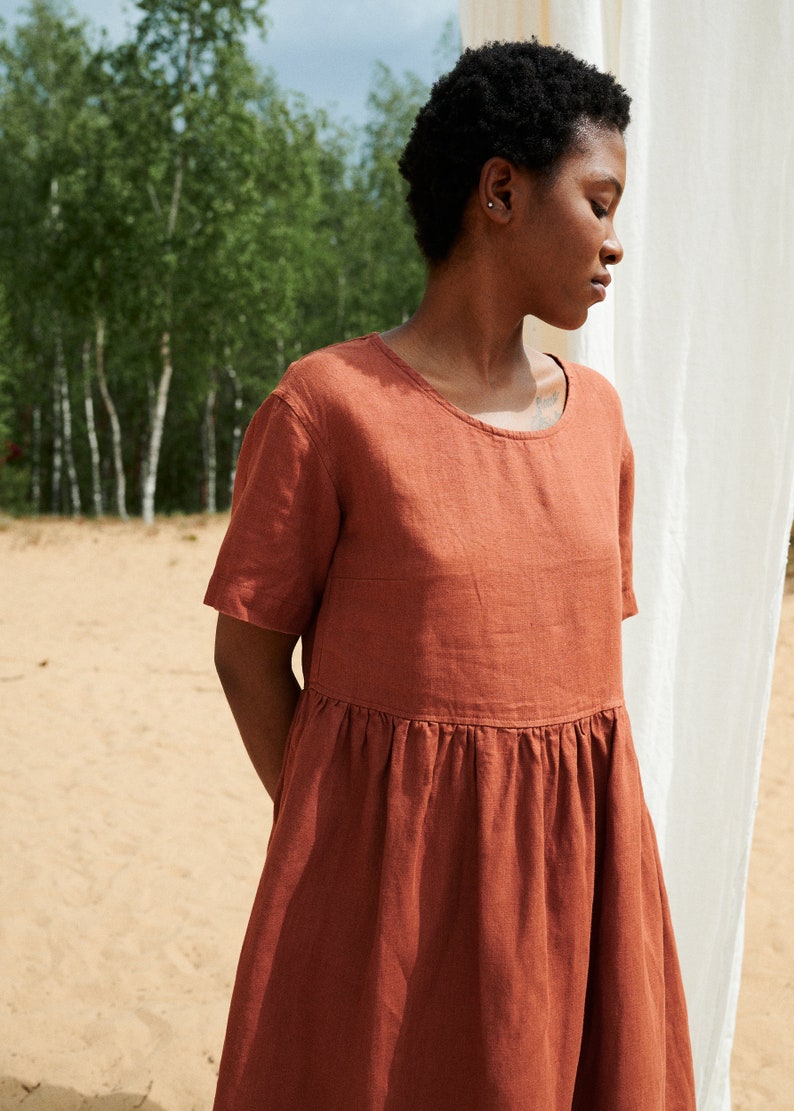Terracotta Rust Embroidered Cotton Linen Dress
