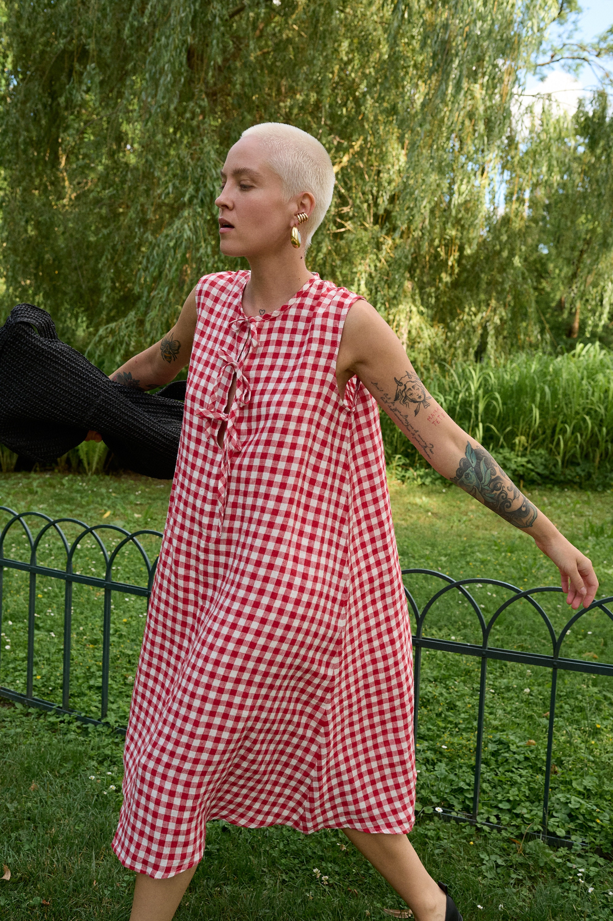 chinese dress ladies Meg Oversized Linen Dress with 3/4 Sleeves in Red Plaid