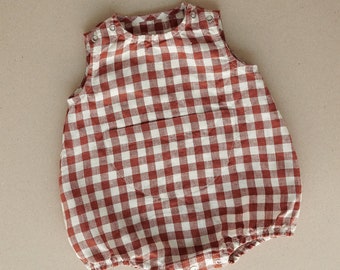 Unisex gingham linen baby romper with pocket