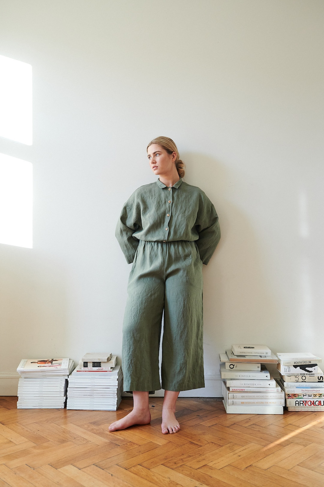 Work Pine Green Jumpsuit Linen Jumpsuit Loose Linen Jumpsuit
