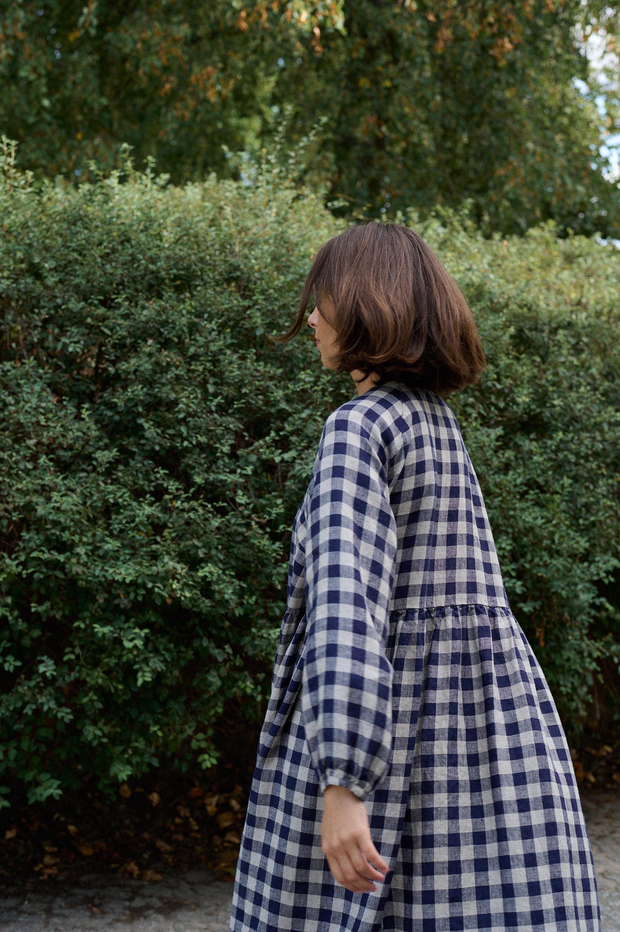 Ready To Ship - Margo Navy Blue Gingham Linen Dress Linen Fall Long Maxi