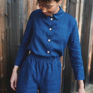 Brandi navy blue shirt Washed linen shirt Linen shirt Round collar shirt Basic linen shirt image 2