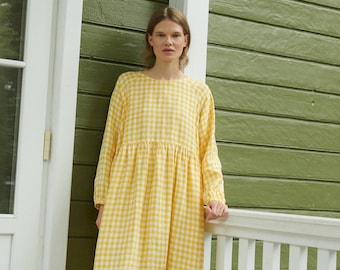 Margo yellow gingham linen dress - Linen dress - Fall linen dress - Long linen dress