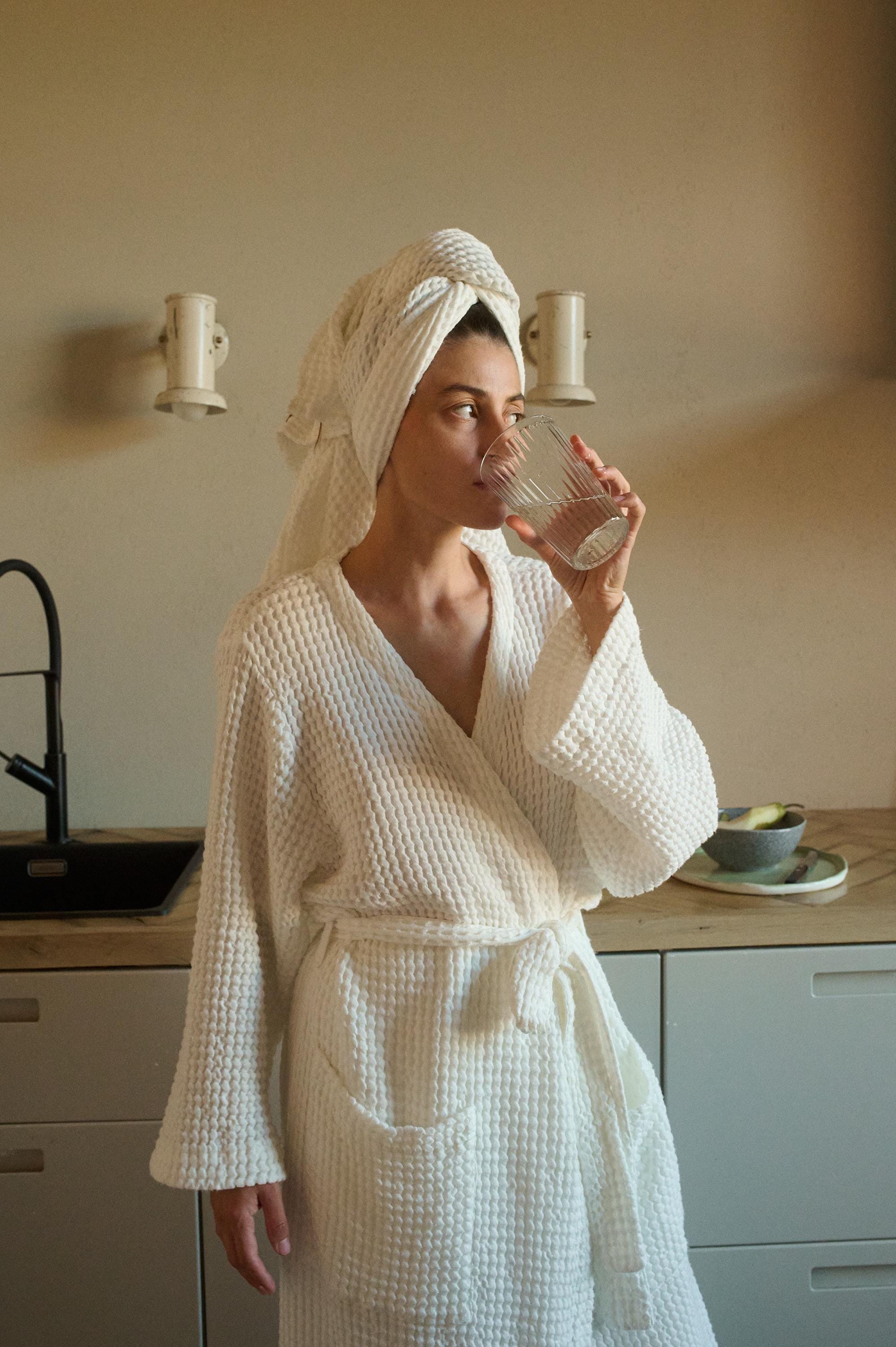 Waffle Linen Robe - Linen and Cotton Blend - White Waffle