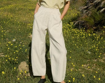 Ready To Ship -Clarie white cotton blend trousers - Relaxed barrel-leg pants -Elastic waistband trousers - Patch pocket pants -Woman's pants