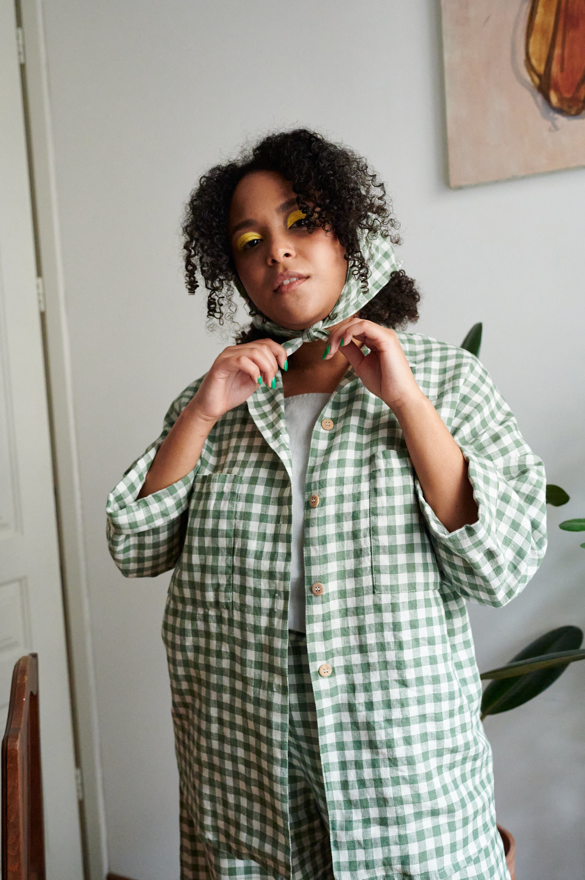 Kay Green Gingham Shirt - Linen Shirt - Drop Shoulder Shirt