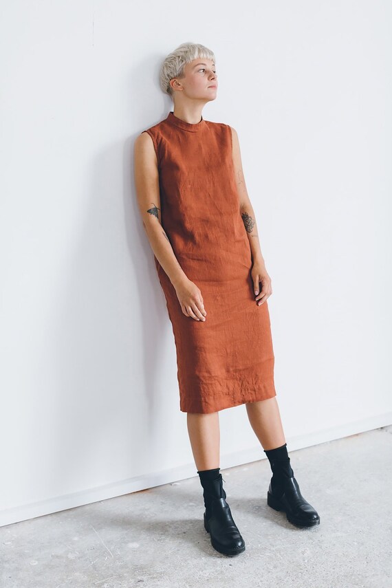 high neck linen dress