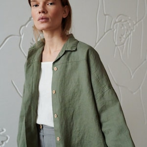 Lyn pine green shirt - Oversized linen shirt - White linen shirt - Women linen shirt - Loose linen shirt