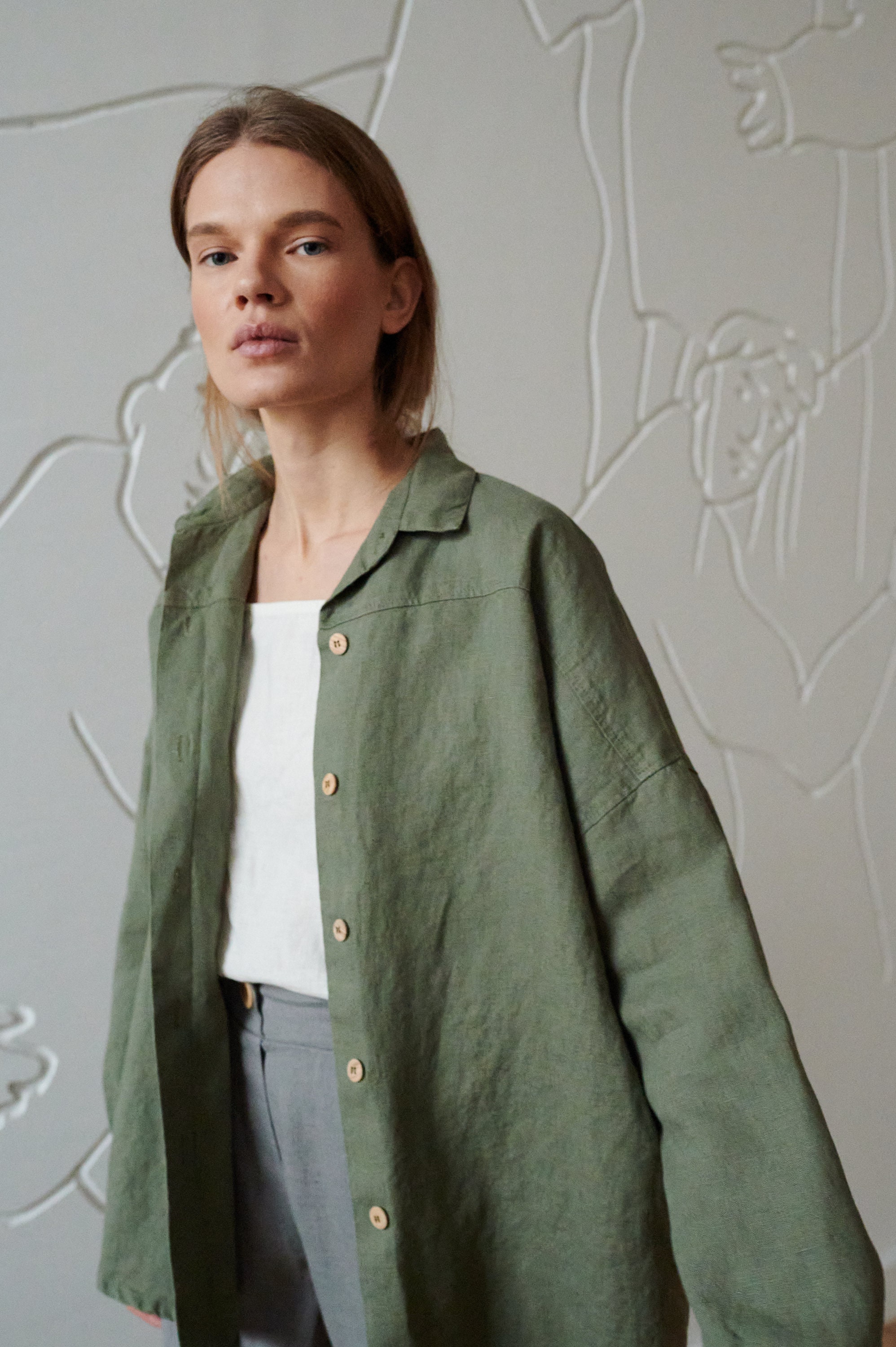 Green linen shirt womens sales