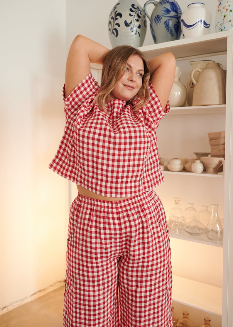 Ocean Red Gingham Trousers Linen pants Linen Trousers Gingham Linen Trousers image 5