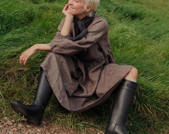 Margo Striped Blue Linen Dress - Ready to Ship - Oversized Maxi Linen Fall Dress - Woman's Dress - Puff Long Sleeves - Relaxed Fit - Stripes