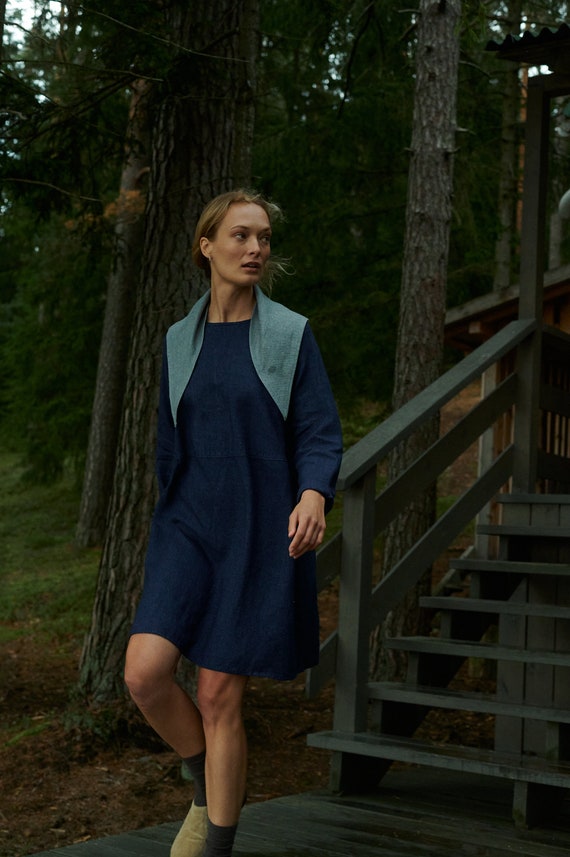 Ready To Ship - Marie navy blue linen Wool blend dress - Wool linen dress - linen dress - Mini linen dress - Winter dress