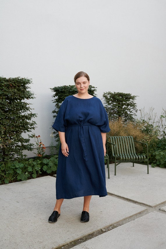 Ellen Navy Blue Dress Loose Linen Dress Oversized Linen Etsy