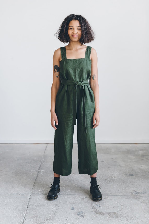 Long Linen Jumpsuit for Women / Maxi Overalls with Back Zip / Green