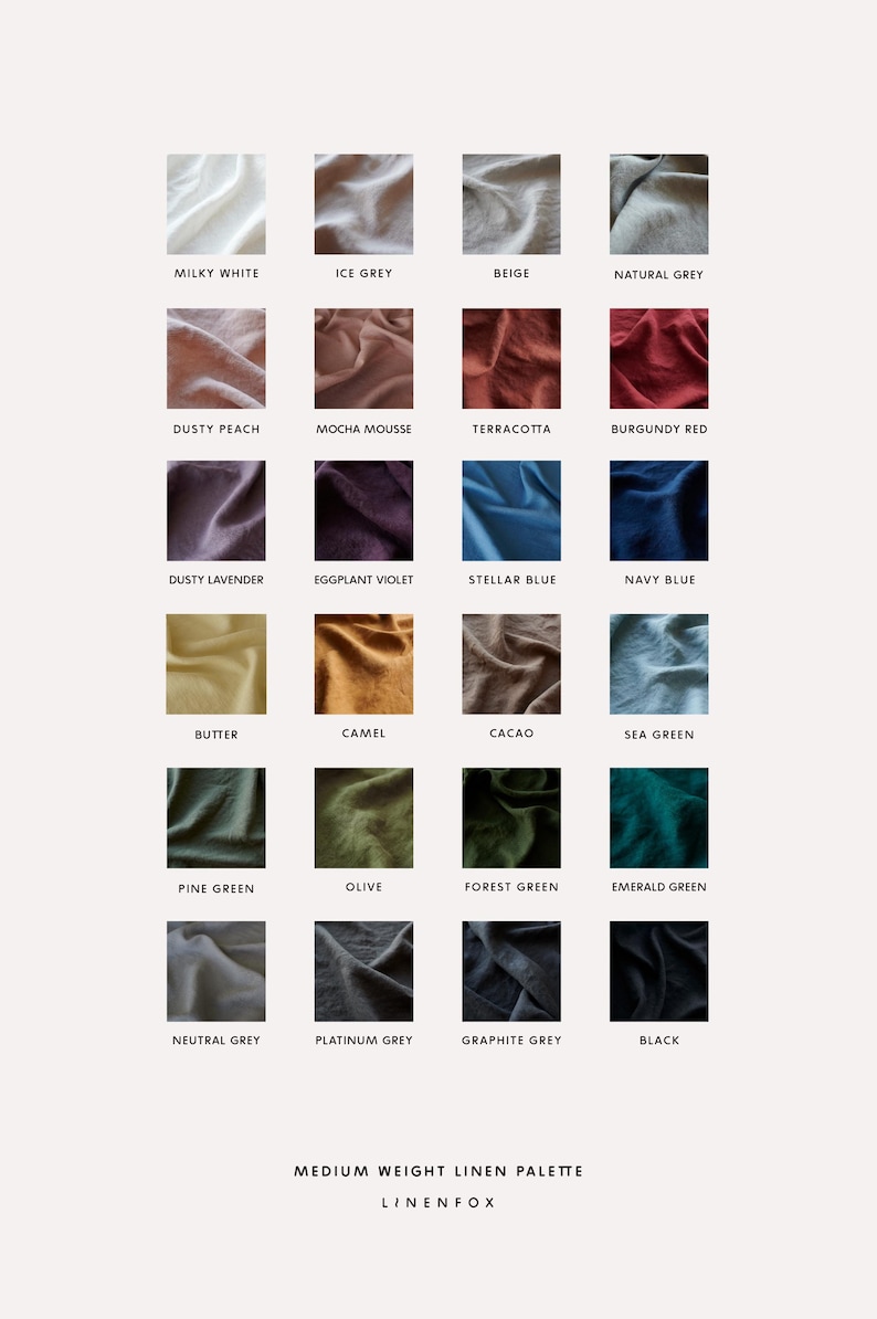 Pode incluir: Uma paleta de cores com 24 amostras de tecido em v&aacute;rias tonalidades. As cores incluem Milky White, Ice Grey, Beige, Natural Grey, Dusty Peach, Mocha Mousse, Terracotta e Burgundy Red. O texto "MEDIUM WEIGHT LINEN PALETTE" e "LINENFOX" tamb&eacute;m est&atilde;o presentes.