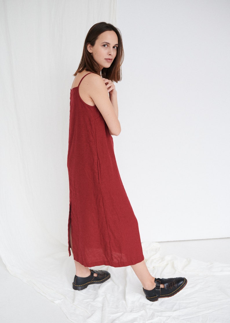 Aurora burgundy red dress Linen dress Long dress with straps Summer dress Soft linen dress Minimal linen dress image 3