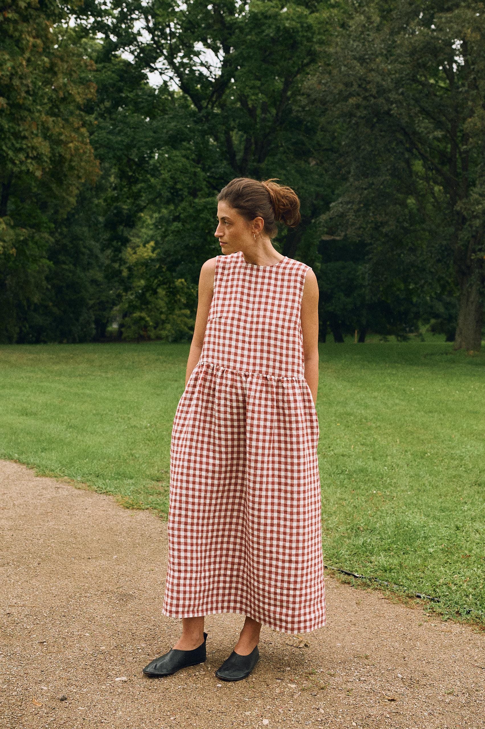 Ieva Terracotta Gingham Smock Dress - Sleeveless Dress - Linen