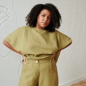 Frankie heavy olive trousers - Heavy linen pants - Linen trousers - Linen barrel pants - Washed heavy linen pants