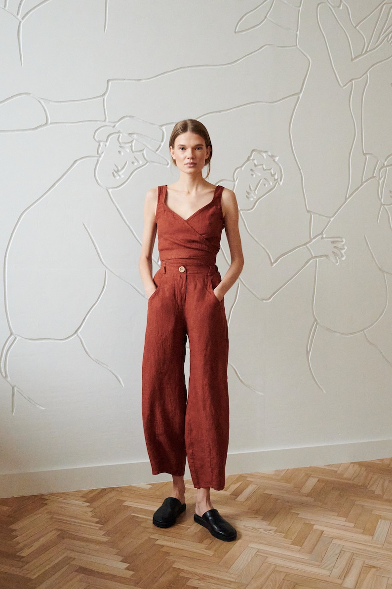 Frankie terracotta waffle linen trousers Barrel linen trousers Washed linen trousers Soft linen linen trousers Linen clothes image 5