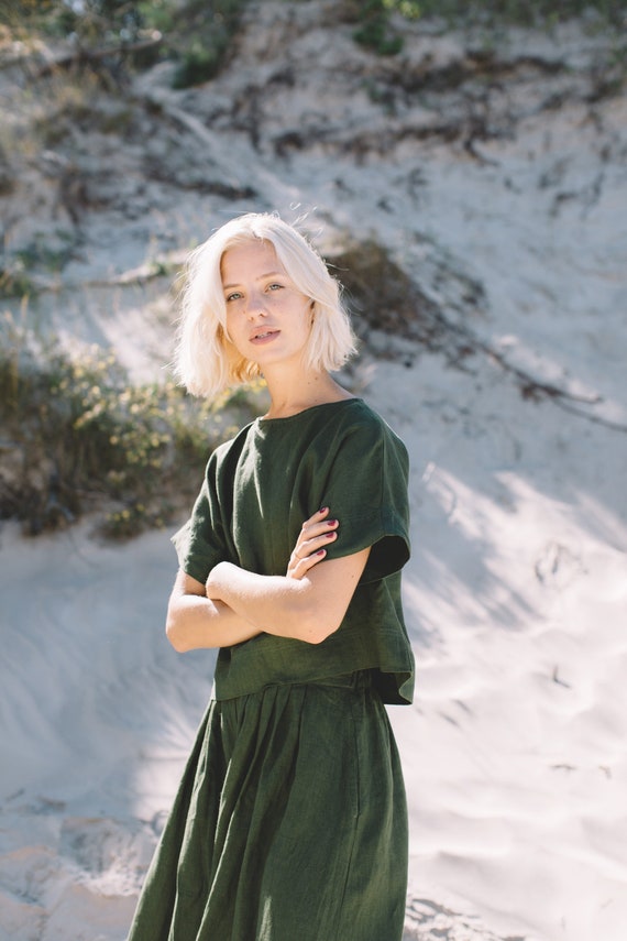 Mona Forest Green Top - Linen Top - Oversized Linen Top - Linen
