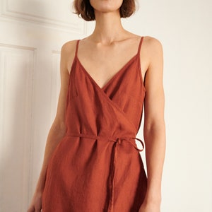 Ruby terracotta dress - Spaghetti strap linen dress- Linen dress - Wrap linen dress