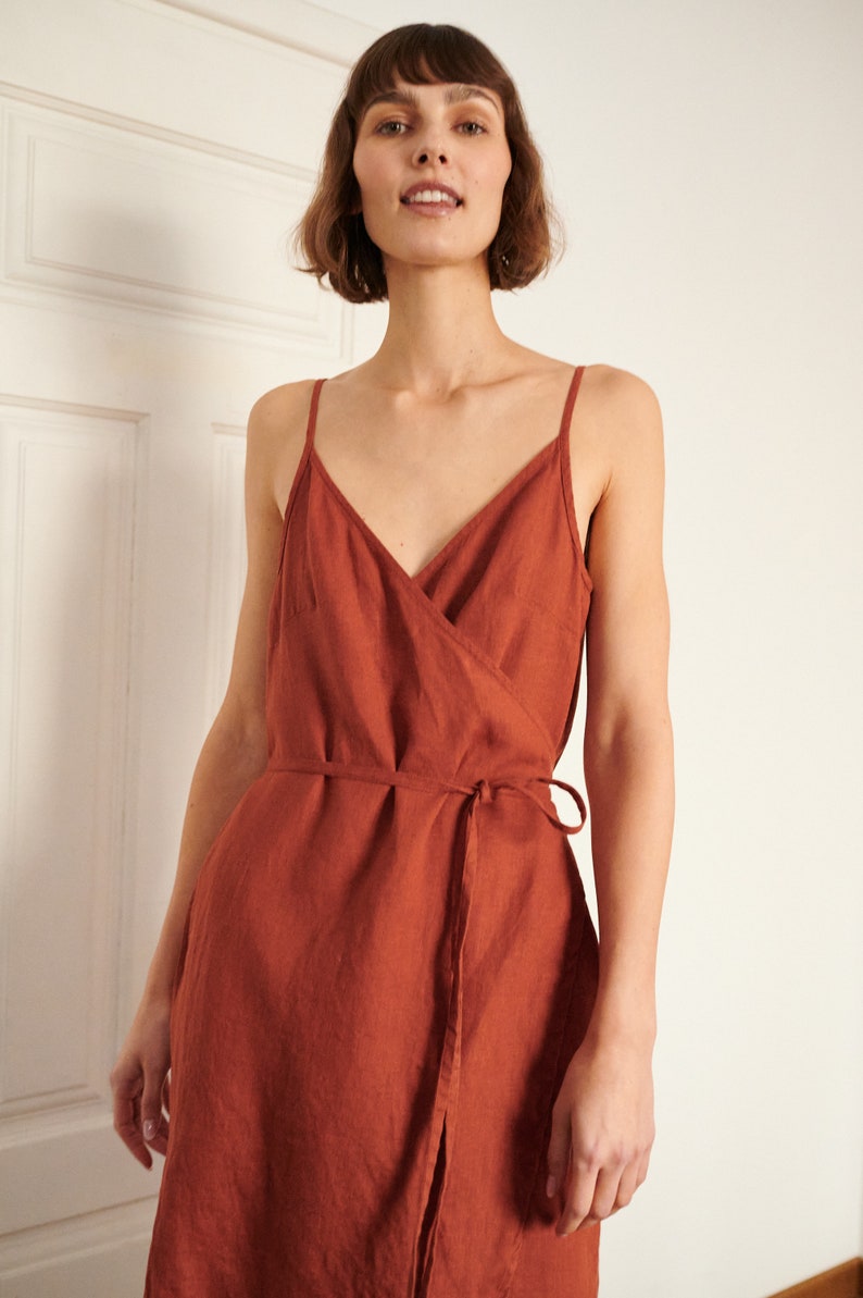 Ruby terracotta dress Spaghetti strap linen dress Linen dress Wrap linen dress image 5