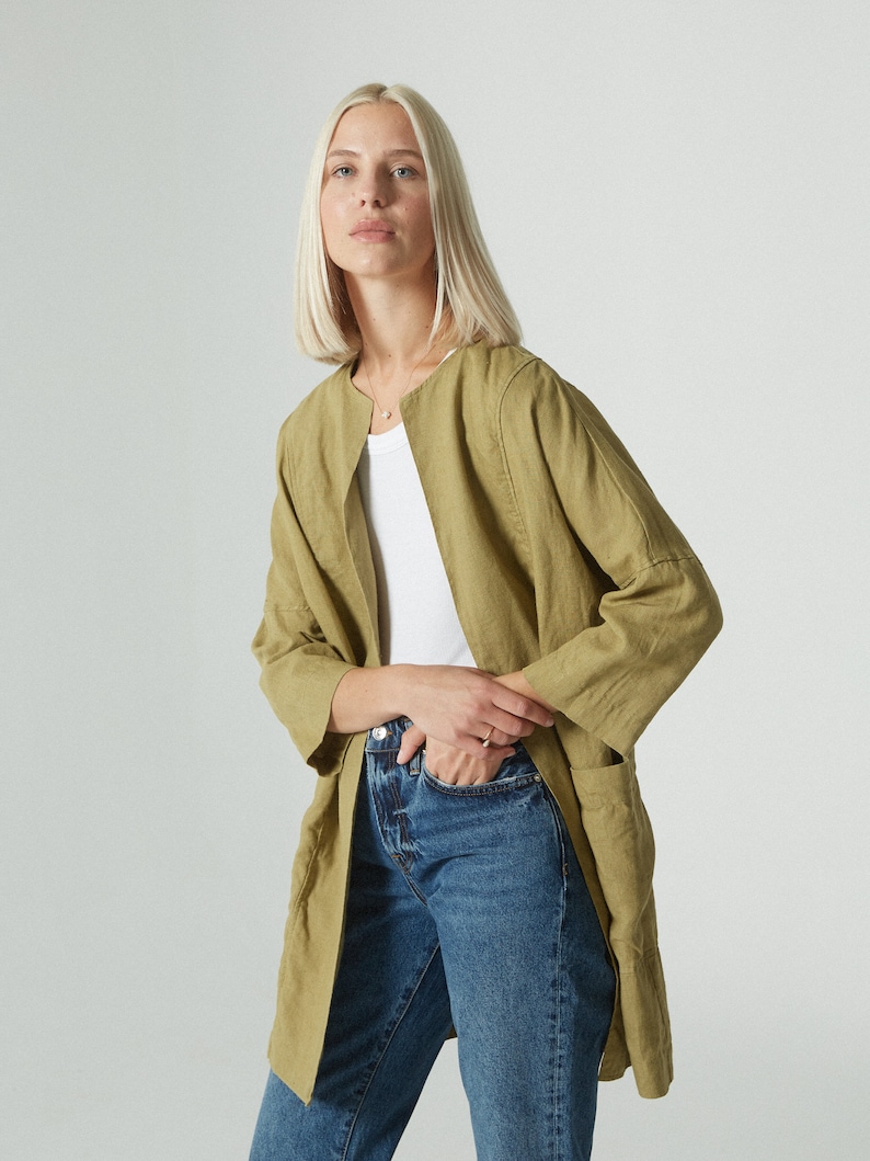 Juniper olive jacket Linen jacket Linen coat Oversized linen jacket Linen cardigan Minimal linen jacket image 1