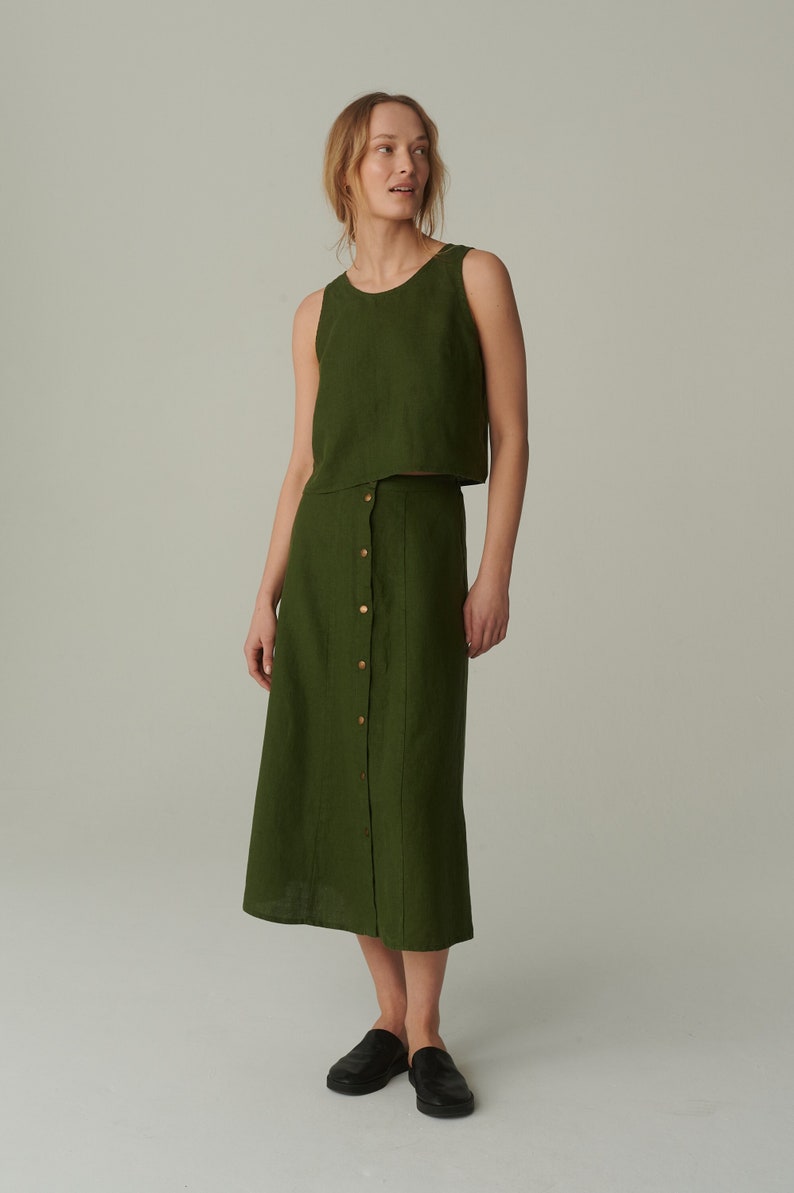 Maricela forest green linen skirt Long linen skirt Linen snap button skirt Button skirt Summer skirt Linen skirt Long skirt image 1