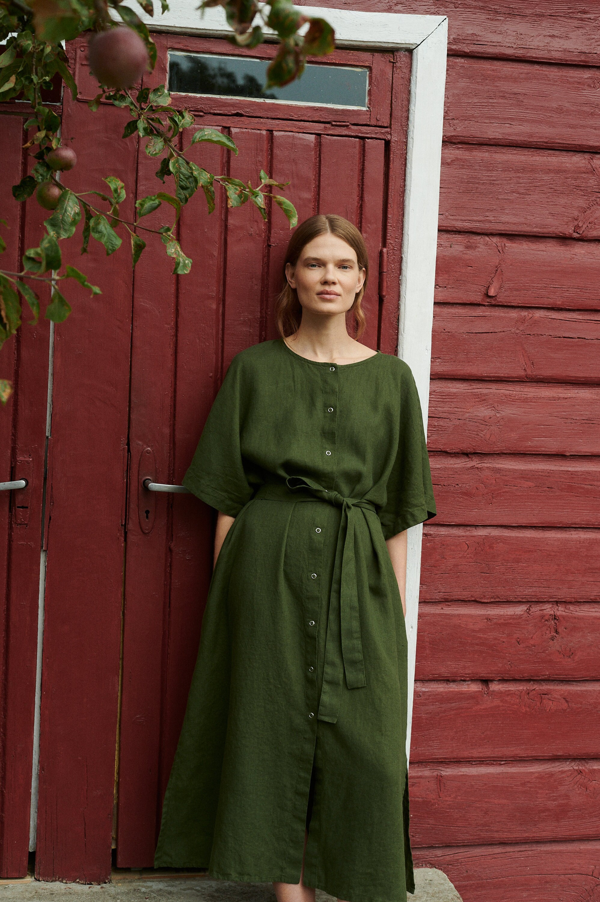 Athiec Forest Green Linen Dress - Snap Button Linen Dress